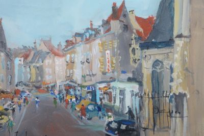 a painting of a city street with people walking down it