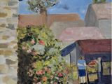 une peinture à l'huile représentant une scène de rue avec un lampadaire et des fleurs