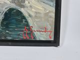 painting of a woman walking down a street with a red umbrella
