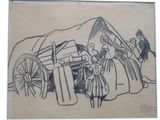 dessin représentant un chariot tiré par un homme et une femme en robe