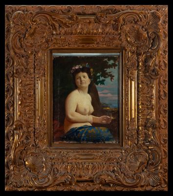 tableau représentant une femme nue assise sur une chaise, avec un arbre en arrière-plan