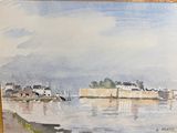 a watercolor painting of a harbor scene with boats on the water