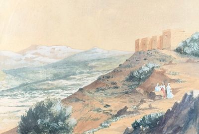 a painting of a group of people walking up a hill