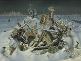 un tableau représentant une calèche tirée par des chevaux dans la neige