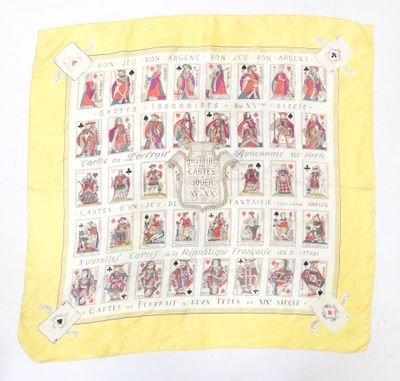 a yellow scarf with a picture of a group of people on it