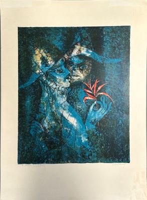 a picture of a painting of a woman holding a flower