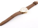 an image of a watch with a brown leather strap on a white background