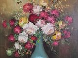 a painting of a blue vase with flowers in it
