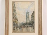 an oil painting of a city street scene with a clock tower in the background