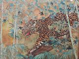 a painting of a leopard that is walking in the woods