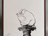 un dessin en noir et blanc représentant un cochon assis au sommet d'un poteau