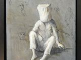 tableau représentant un homme assis par terre, un sac en papier sur la tête