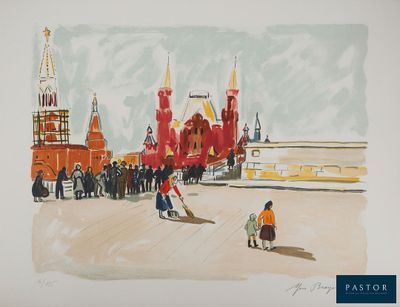 une image représentant un tableau où l'on voit des personnes marcher dans une rue devant un bâtiment rouge