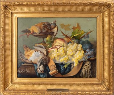 painting of a still life of birds, grapes, and other fruit