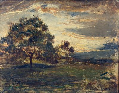 painting of a landscape with a tree and a bird in the foreground