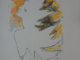 un dessin représentant une personne avec un oiseau sur la tête