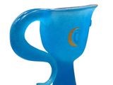 a blue glass cup with a crescent on it