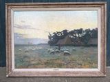 un tableau représentant des moutons paissant dans un champ, avec une maison en arrière-plan