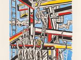 un tableau représentant un groupe d'hommes debout au sommet d'un immeuble