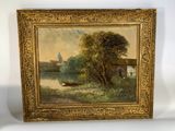 an oil painting of a boat on a river with a church in the background