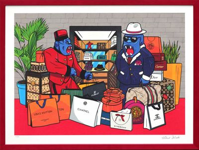 tableau représentant deux hommes en costume et chapeau, assis devant une table couverte de sacs de courses