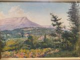 painting of a view of a mountain with a village in the foreground