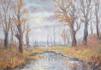 une peinture à l'huile représentant un ruisseau traversant un champ, avec des arbres en arrière-plan