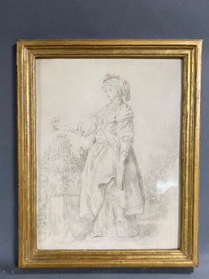 un dessin représentant une femme assise sur un banc, dans un cadre doré