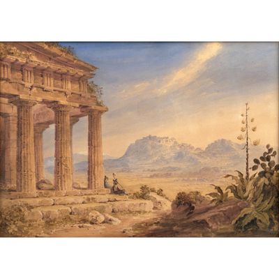 une image représentant un tableau représentant un paysage avec un temple au premier plan