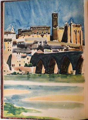 tableau représentant une vue d'une ville avec un pont et une tour horloge