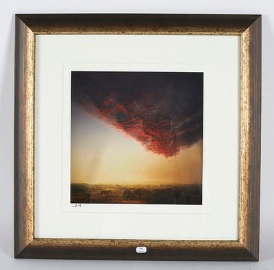 une image représentant un tableau représentant un coucher de soleil sur un champ