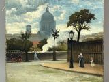 an old painting of a city street with a building in the background