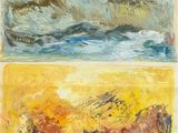 a painting of three different landscapes with a sky background