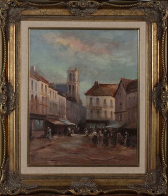 une peinture à l'huile représentant une scène de rue avec une église à l'arrière-plan