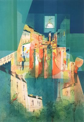 a picture of a painting of a building with people on it