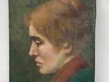 painting of a woman with red hair and a green shirt