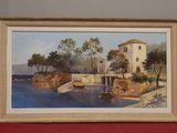 a picture of a painting of a house by the water