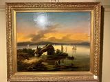 a painting on the wall of a room with a boat in the water