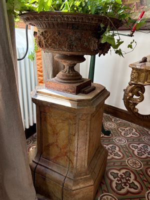 a plant in a vase on a pedestal in a room