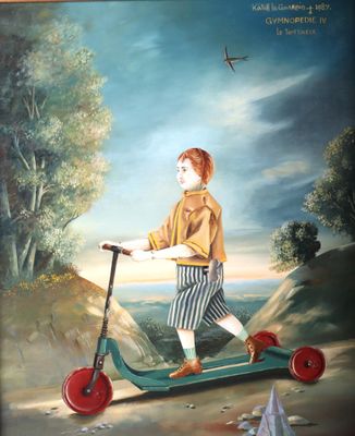 une peinture représentant un jeune garçon en scooter