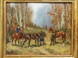 peinture d'un groupe de personnes à cheval dans une zone boisée