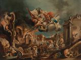an image of a painting of a man on a horse flying over a city