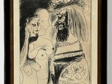 une image représentant un dessin d'une femme et d'un homme devant un gâteau