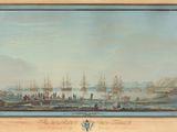 an image of a painting of a harbor scene with ships in the water