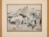an image of a painting of a race car being pulled by two dogs