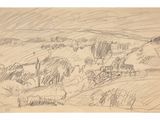 dessin au crayon représentant un paysage avec une ferme et un cheval, réalisé par un homme