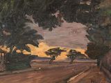 an oil painting of a dirt road with trees on either side of it