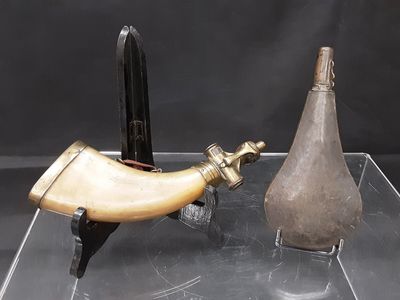 une corne et une bouteille exposées dans une vitrine