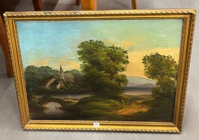 une peinture à l'huile d'un paysage avec une église au loin