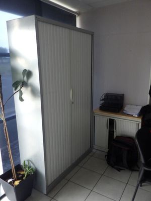 a room with a desk, chair, and a plant in it